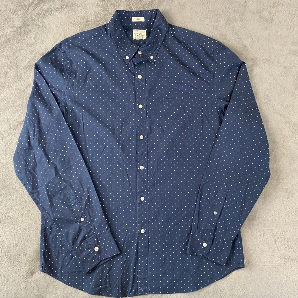 J.Crew Button Down Mens L Navy Blue Polka Dot Slim Secret Wash Organic Cotton
